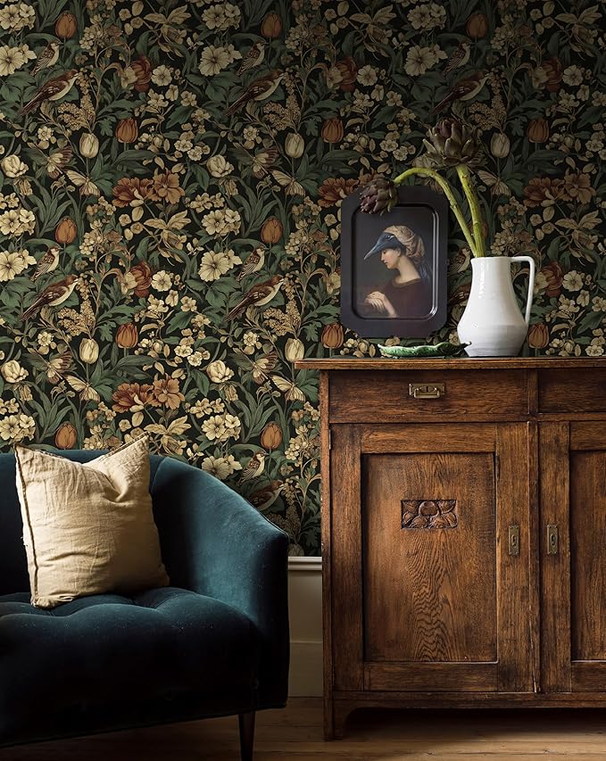 Erfoni 17.3" x 394" Bird Floral Peel and Stick Wallpaper Vintage Contact Paper for Livingroom Floral and Leaf Self Adhesive Wall Paper Retro DIY Removable Decorative Wallpaper Vinyl Roll Dark