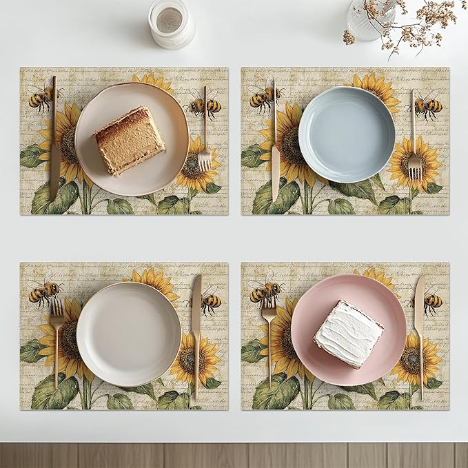 Vintage Sunflower Bee Placemats Set of 6 Washable Table Mats Rustic Spring Summer Floral Heat-Resistant Cotton Linen Place Mats for Dining Table Kitchen Indoor Outdoor Party Holiday Decor