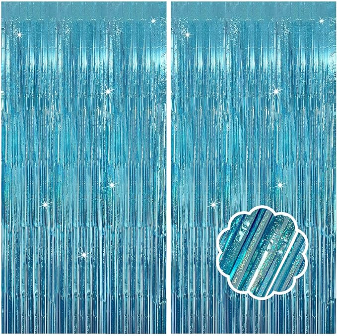 2 Pack Blue Streamers Blue Party Decorations Tinsel Foil Fringe Curtains Photo Backdrop Celebration Birthday Decorations Ocean Party Decoration