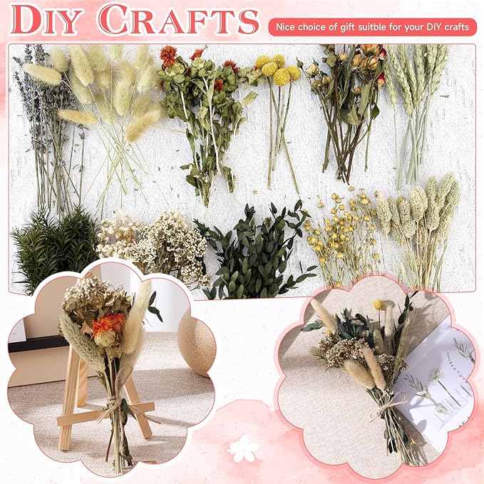 12 Kinds of Dried Flowers for Crafts Bulk DIY Natural Dried Pampas Grass Rose Lavender Babys Breath with Stems Dry Flower Bouquets with Hemp Rope Handmade DIY Ideas Home Decor Floral Arrangement