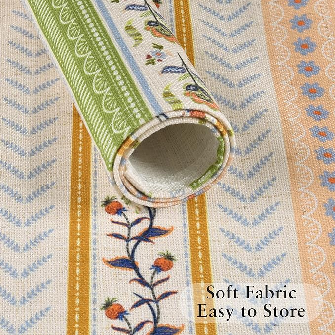 LilyCat Linen Fabric Multicolor Floral Placemats, Stripes Durable Boho Dining Table Mats for Kitchen, Rustic Vintage Washable Place Mats Set of 6, 18’’× 12’’