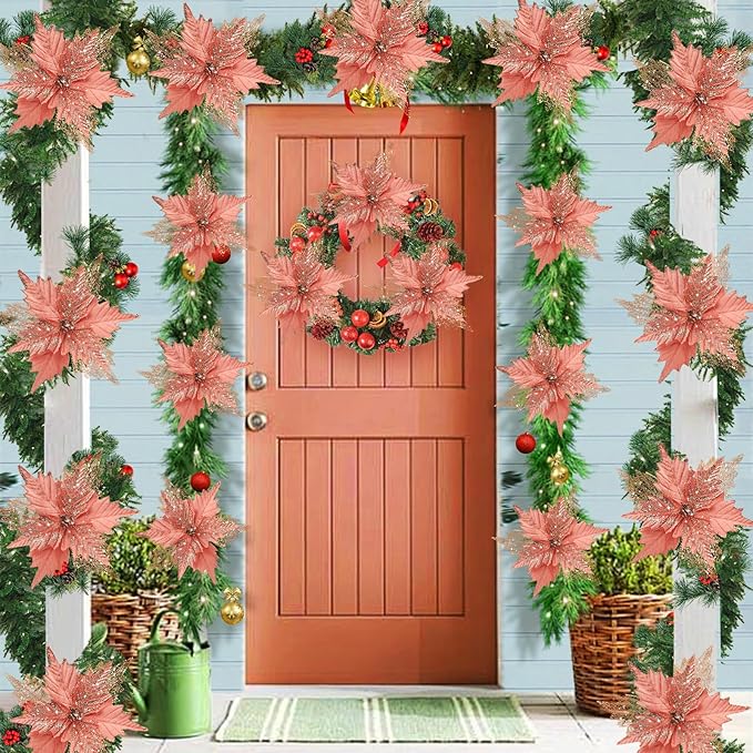 10'' Large Christmas Glitter Poinsettia Flowers Decorations, stadeco 10 Pcs Christmas Tree Picks Ornaments Artificial Flowers with Long Stems for Xmas Tree Wreath Garland Wedding Party DIY Decor