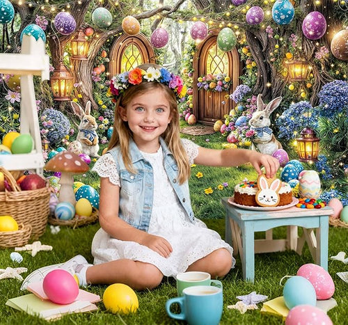 12X10ft Enchanted Forest Easter Backdrop Fairy Tale Rabbit Magic Garden Easter Egg Wonderland Floral Photography Background for Kids Girls Party Decoration Cake Table Photo Booth Props