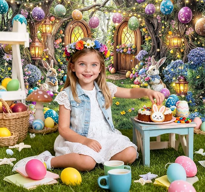 5X3ft Enchanted Forest Easter Backdrop Fairy Tale Rabbit Magic Garden Easter Egg Wonderland Floral Photography Background for Kids Girls Party Decoration Cake Table Photo Booth Props
