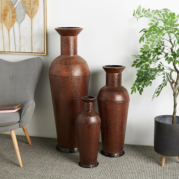 Deco 79 Metal Decorative Vase Indoor Outdoor Tall Floor Bottleneck Centerpiece Vases with Bubble Texture and Studs, Set of 3 Flower Vases for Home Decoration 50", 35", 26"H, Dark Brown