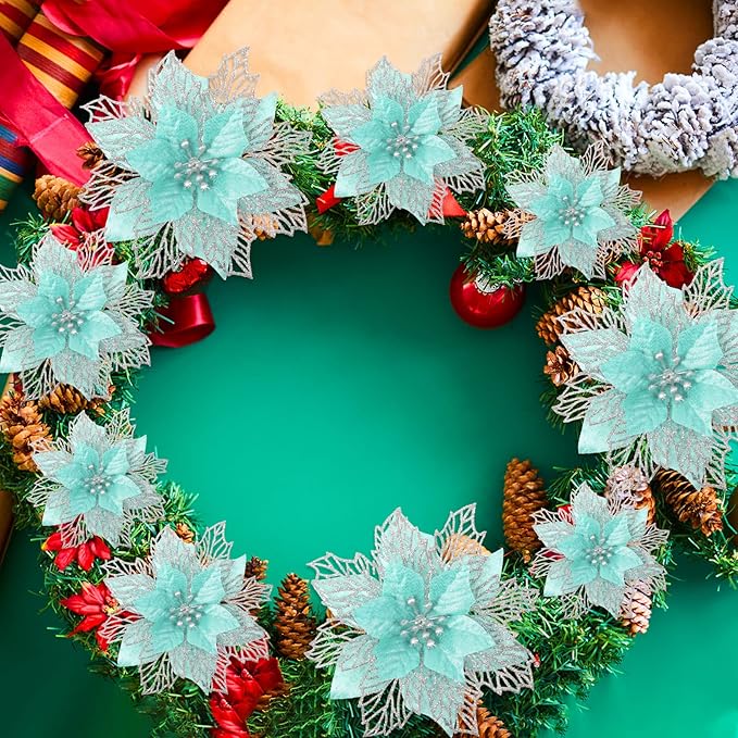 Geosar 24 Pieces Christmas Glitter Poinsettia Flowers Layered Artificial Xmas Flowers Wedding Christmas Tree New Year Ornaments 3/4/6 Inch(Light Green)