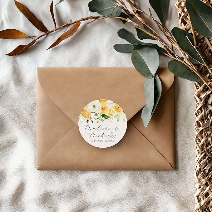 Personalized Floral Wedding Stickers with Your Choice of 30 Flower Styles - Choose Font and One of Five Pre-made Phrases or Add Custom Text (027 - Yellow Flowers)