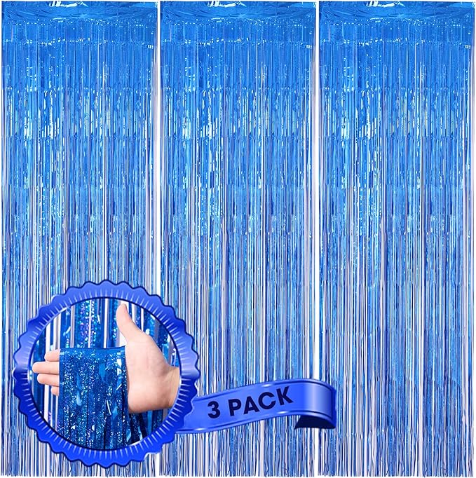 3 Pack 3.3 x 8.2 ft Laser Blue Foil Fringe Backdrop Curtains, Tinsel Streamers Birthday Party Decorations, Fringe Backdrop for Graduation, Baby Shower, Gender Reveal, Disco Party