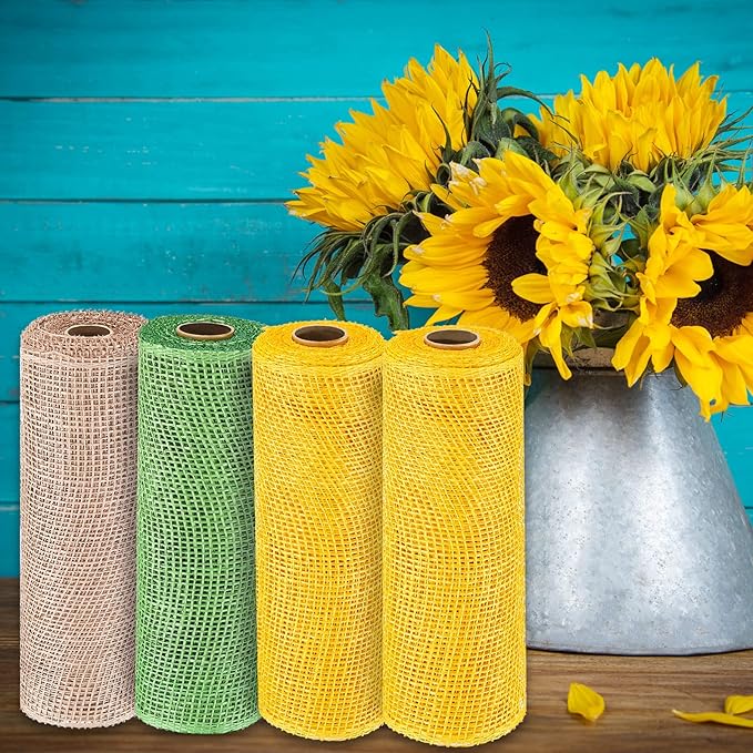 Chuangdi 4 Rolls Spring Summer Poly Burlap Mesh Poly Burlap Deco Ribbon Mesh Roll for Easter DIY Flower Wreath Garland, 10 Inch