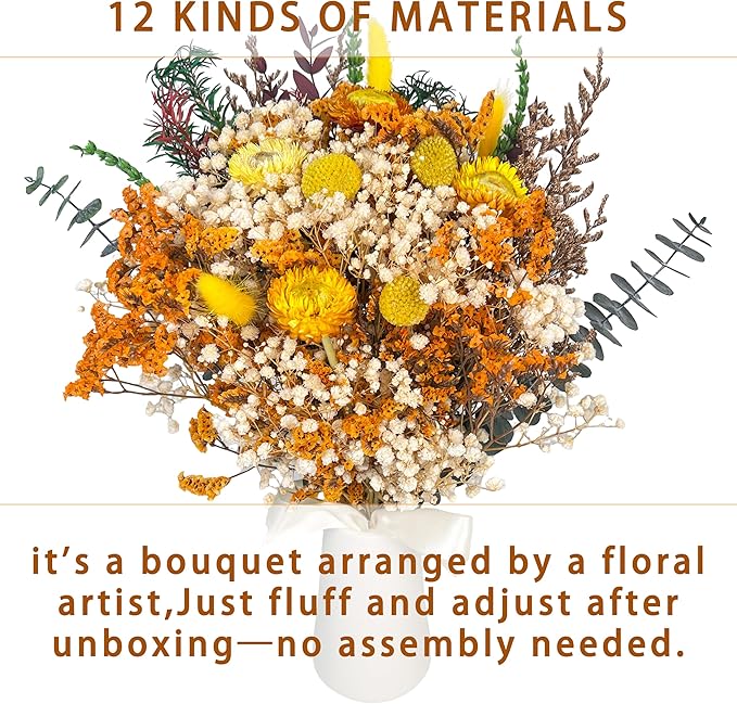 Handmade Dried Flower Bouquet – Natural Orange & Yellow Floral Arrangement with Baby’s Breath, Craspedia, and Eucalyptus – Rustic Boho Style for Home Decor, Weddings, Fall Decor