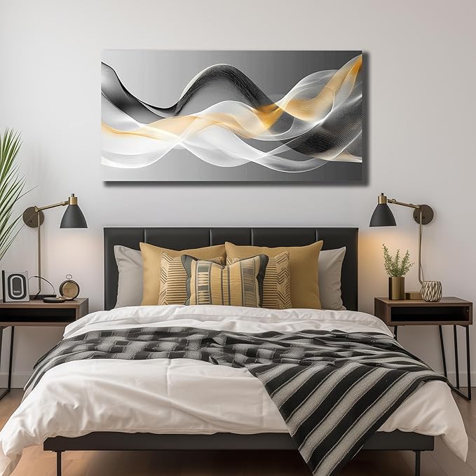 JuhaiArt Abstract Wall Art White Wall Decor for Living Room Office Large Black Canvas Art Picture Gold Artwork 29" x 59" Modern Prints