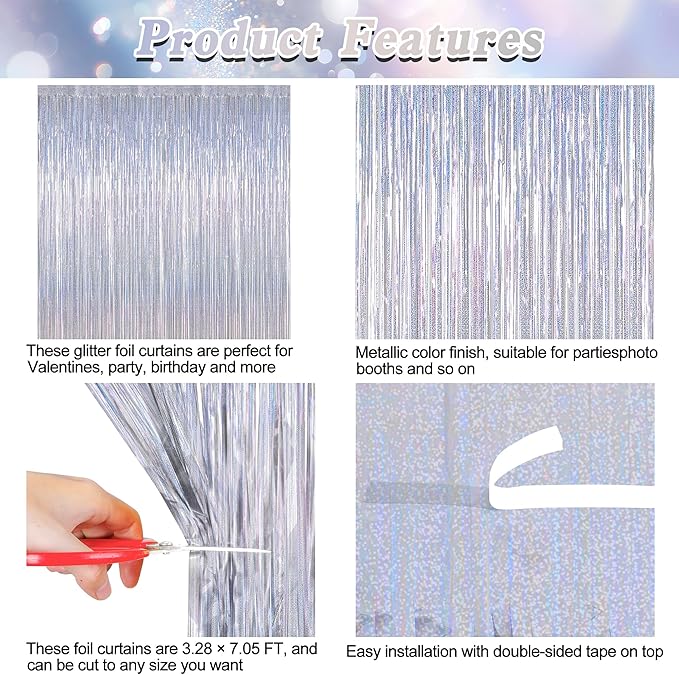 4 Pack New Year Party Fringe Backdrop, 3.28 FT x 7.05 FT Glitter Silver Tinsel Curtains, Metallic Foil Streamer Disco Fringe Backdrop Party Curtains, Birthday Party Supplies Disco Decorations