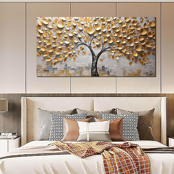 Tree Pictures Wall Decor for Living Room Yellow Canvas Wall Art for Bedroom Large Abstract Wall Art for Office Size 29" x 58"