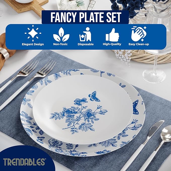 Trendables Plastic Plates For Party Supplies, Floral Disposable Plates For Party & Weddings 80 Pcs - 40 x 8 Dessert Plates & 40 x 10 Plastic Dinner Plates, Plate Set Disposable Dinnerware Sets
