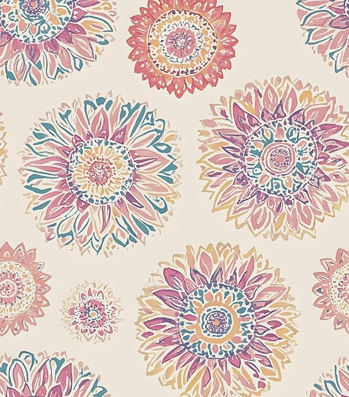 Beige Boho Wallpaper Peel and Stick, Vintage Circle Floral Contact Paper 17.5" x 393", Abstact Retro Blue/Pink Flower Wall Paper Self Adhesive Removable Waterproof for Walls Shelves Cabinet Table