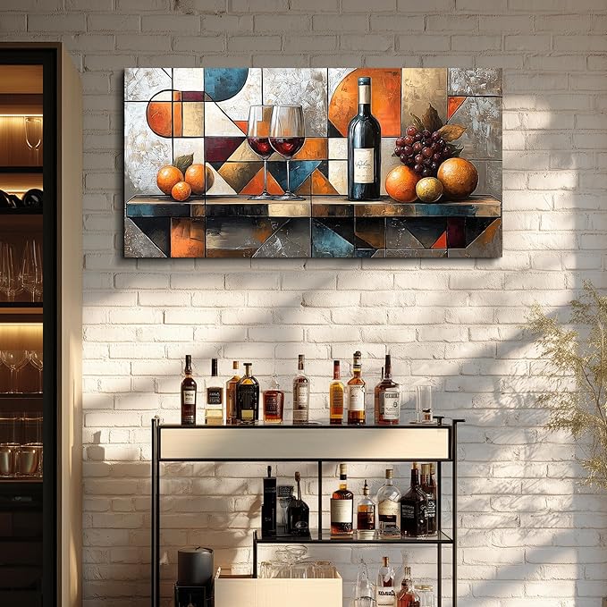 hyidecorart Wine Glass Fruit Painting Still Life Large Canvas Wall Art For Kitchen Wall Decor For Living Room Dining Room Decorations Geometry Abstract Picture Artwork Bar Posters Home Decor 24"x48"