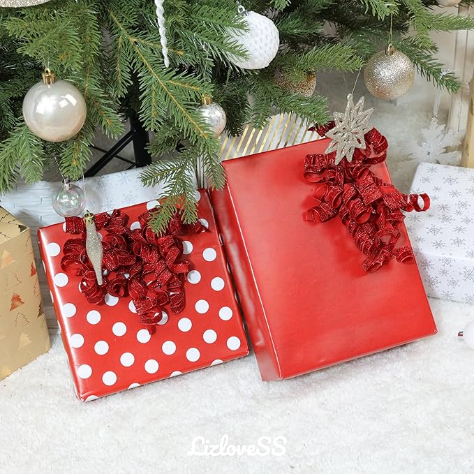 6" Metallic Glitter Red Self Adhesive Curly Ribbon Gift Wrap Bows for Christmas, Holiday, Birthday, Wedding, Presents, Party Favors Decorations 6-Count