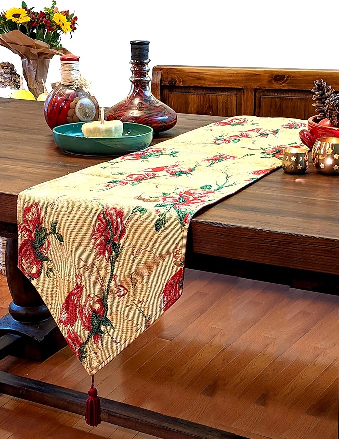 Tache Floral Red Roses Birds Golden Woven Table Runner - Vintage Tapestry Kitchen Dining Dinner Linens Cloth - 13 x 72 inches
