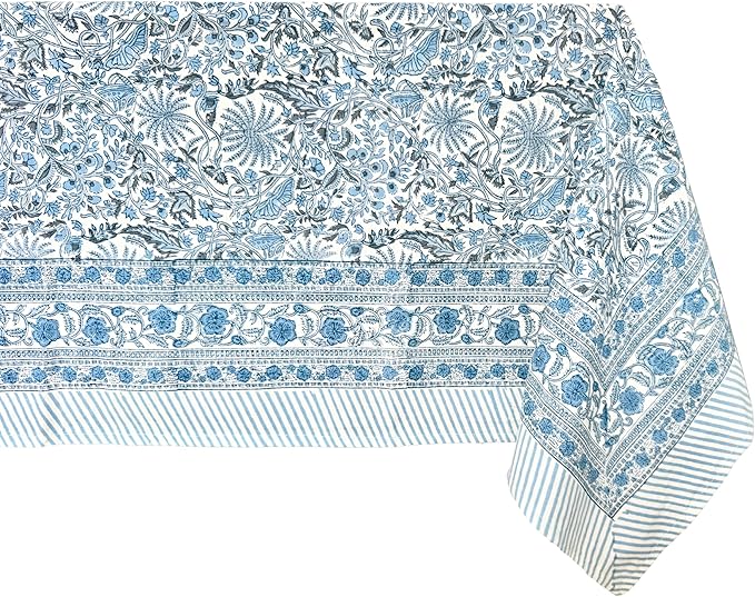 ATOSII Butterfly Blue 100% Cotton Rectangle Boho Fall Tablecloth, Handblock Floral Table Cloth Linen for Kitchen Dining I Parties Wedding Outdoors Christmas Thanksgiving I 72 X 140 Inches I 12 Seater