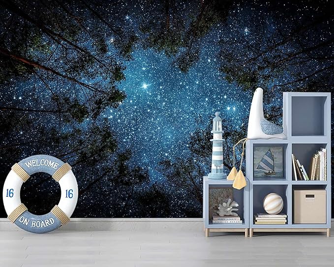 WFBHUA-Forest Night Sky Ceiling Wallpaper Mural Peel and Stick Living Room Bedroom 137"x100"