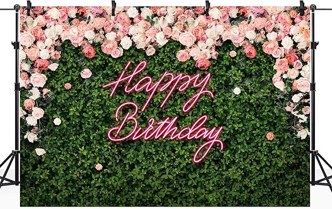 Riyidecor Happy Birthday Backdrop Vinyl for Women Neon Flower Wall Pink Rose Green Leaves Floral Blossom Botanical Plant Nature 10Wx8H Feet Girls Photography Background Birthday Photo Studio Shoot