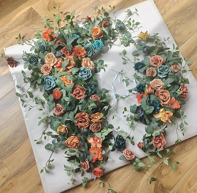 Wedding Arch Flowers with Drapes Kit (Pack of 5) - 2pcs Artificial Teal Orange Fall Deluxe Swag with 3pcs Sheer Drapes for Wedding Ceremony Arbor Reception Backdrop Rose Floral Decoration