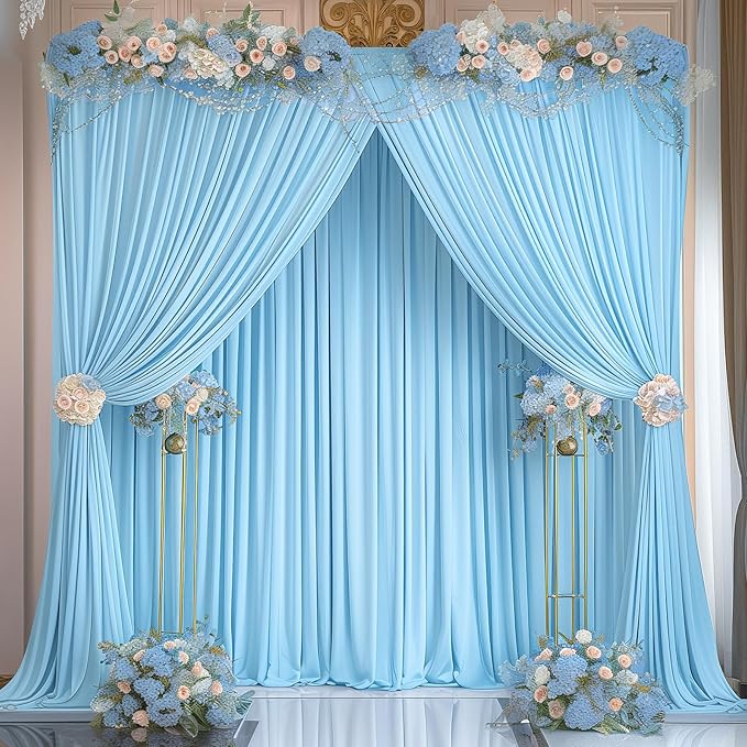 Blue Backdrop Curtains 8 Panels - Wrinkle-Free Light Blue Curtains Polyester Photography Drapes Photo Background for Baby Shower Birthday Party Decorations- 32 X10FT (Blue)