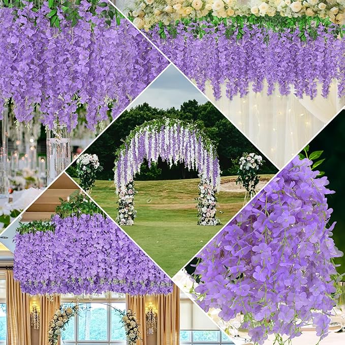 Yastouay 38 Pcs Wisteria Hanging Flowers, 3.77 Ft/Pcs Artificial Hanging Flowers, Purple Fake Wisteria for Wedding Party Ceremony Backdrop Home Decoration
