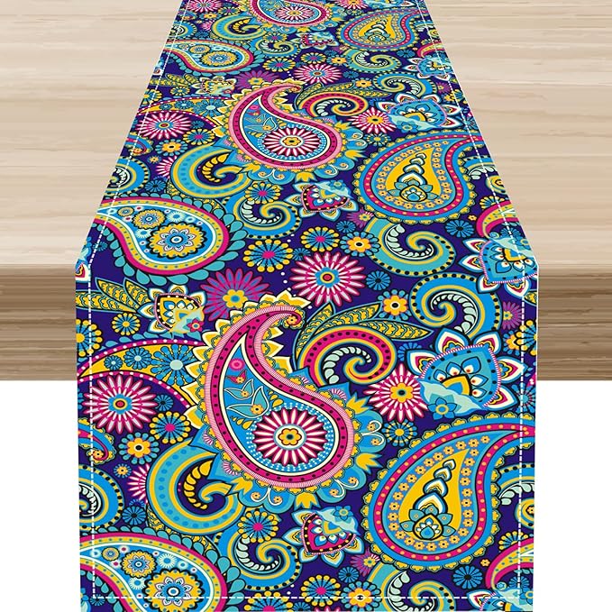 Vintage Paisley Table Runner, Blue Classical Luxury Old Fashioned Paisley Floral Print Table Center Decor for Family Kitchen Table Decorations Indoor Outdoor 13x108 inch