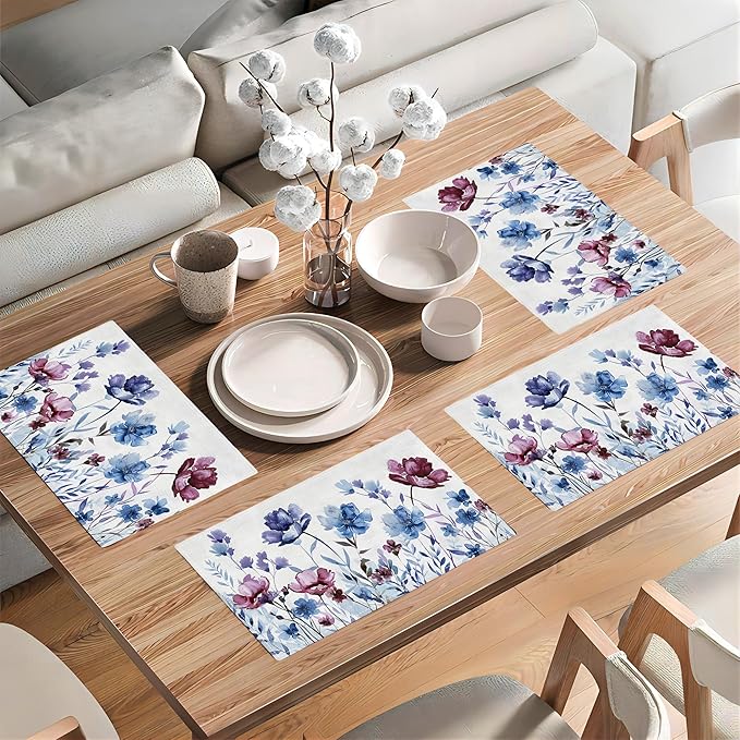 Floral Placemats Set of 4 Flower Daisy Watercolor Table Mats Washable Place Mats for Home Party Indoor Kitchen Dining Table Decoration 12x18 Inch