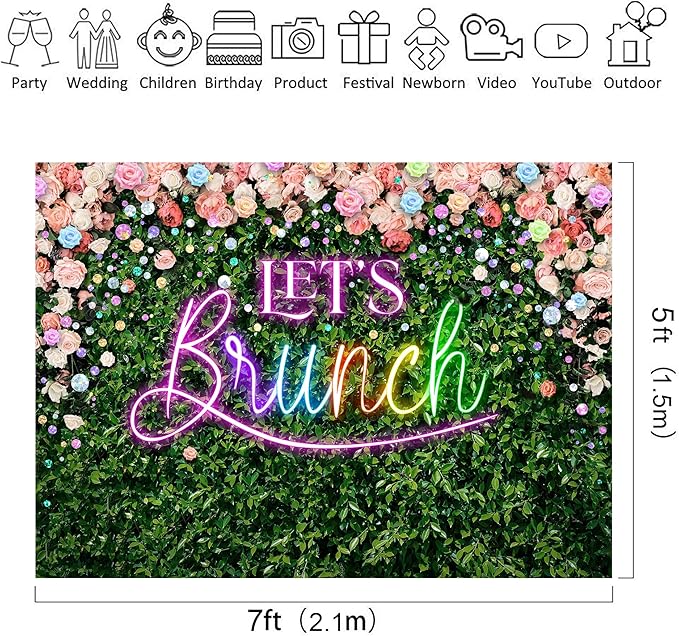 Riyidecor Green Leaves Let's Brunch Backdrop Polyester Fabric Neon Pink Rainbow Floral 7Wx5H Feet Greenery Photography Background Grass Lawn Women Brunch Party Photo Studio Shoot