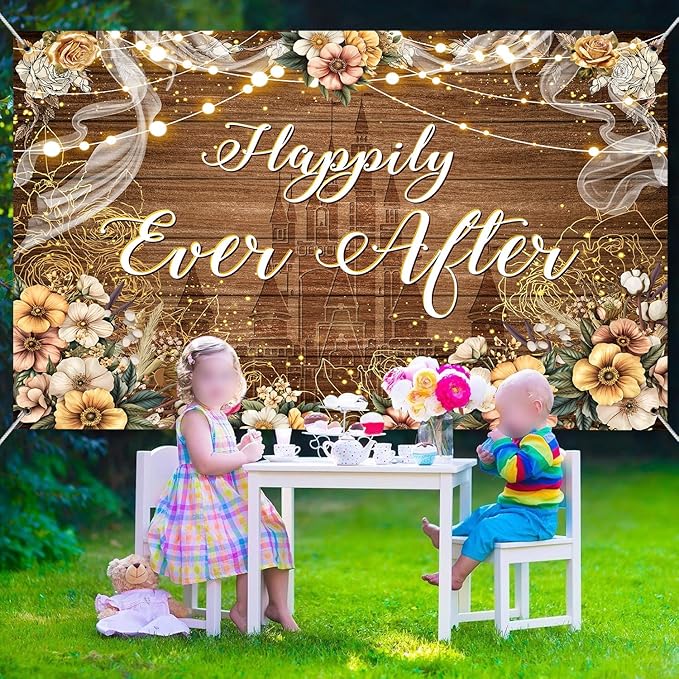 Happily Ever After Backdrop Bridal Shower Wedding Party Brown Wood Photography Background Boho Floral Golden Rose Dots Wedding Decor Banner Portrait Photo Booth Studio Props 7x5ft FU037YL