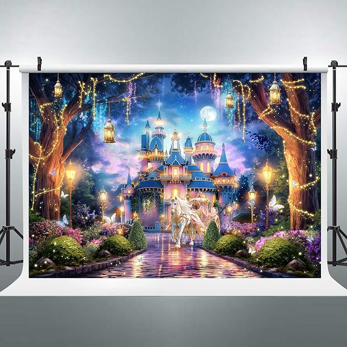 Riyidecor Princess Castle Backdrop Polyester Fabric Garden Floral Vines Trees Lights Starry Night Scenery 7Wx5H Feet Wonderland Photography Background Bridal Shower Wedding Birthday Photo Studio Shoot