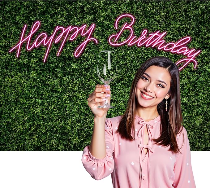 Riyidecor Neon Happy Birthday Backdrop Polyester Fabric Green Grass Leaf Rustic Spring Leaves Plant 8Wx6H Feet Pink Nature for Woman Photography Background Birthday Photo Studio Shoot