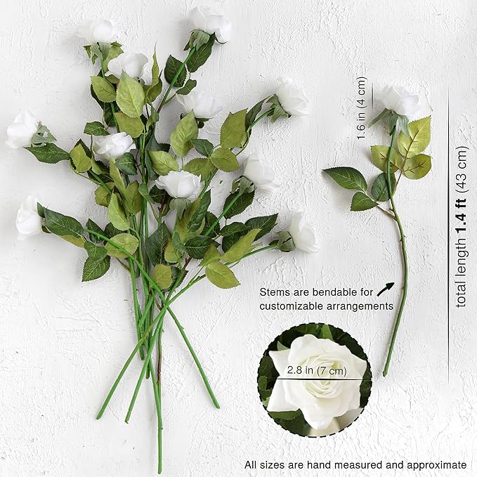 FiveSeasonStuff Real Touch White Artificial Roses – 12 Silk Rose Stems with Lifelike Blooms for Weddings, Bouquets, Centerpieces & Home Decor