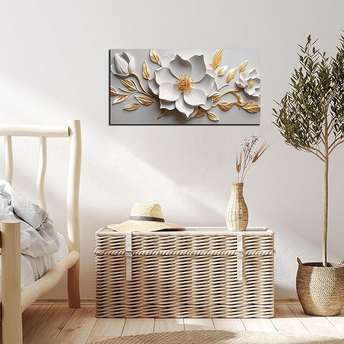 Canvas Wall Art for Living Room Bedroom Office White and Gold Flower Artwork Large Botanical Floral Wall Art Framed Wall Decor Modern Canvas Prints 20x40 In