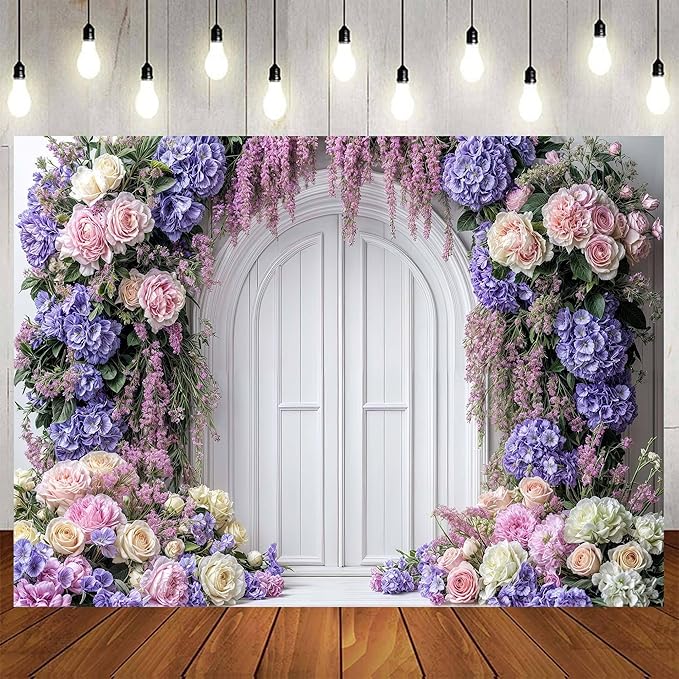 15x10ft Purple Flower Floral Arch Backdrop Background Photography Flower Wall Lavender Backdrop Party Wedding Girls Birthday Princess Mother's Day Bridal Shower Anniversary Banner Decor Studio Photo