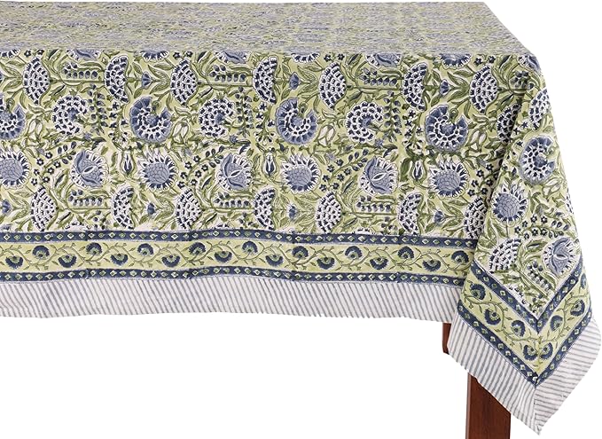ATOSII Amara 100% Cotton Fall Tablecloth, Handblock Floral Print Rectangle Linen for Kitchen Dining I Parties Wedding Outdoors Picnics Easter I Spring Summer 72 X 108 Inches I 8 Seater Table