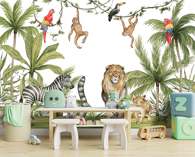 Tropical Rainforest Botanical Animal Floral Bird Wallpaper Woodland Forest Tree Leaf Nursery Kids Bedroom Plant murals Living Room Large Wall Mural - 183"x120" Not Peel and Stick