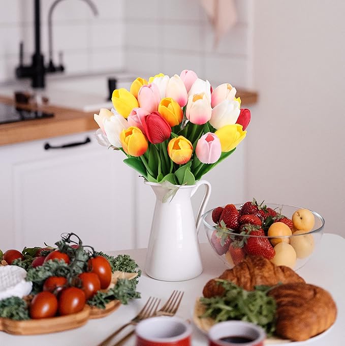 IPOPU 24PCS Real Touch Tulips Artificial Flowers for Decoration Fake Tulips Fake Flowers Floral Arrangements Artificial Faux Tulips Decor for Table Home Decor Baby Shower Centerpieces (Multi)