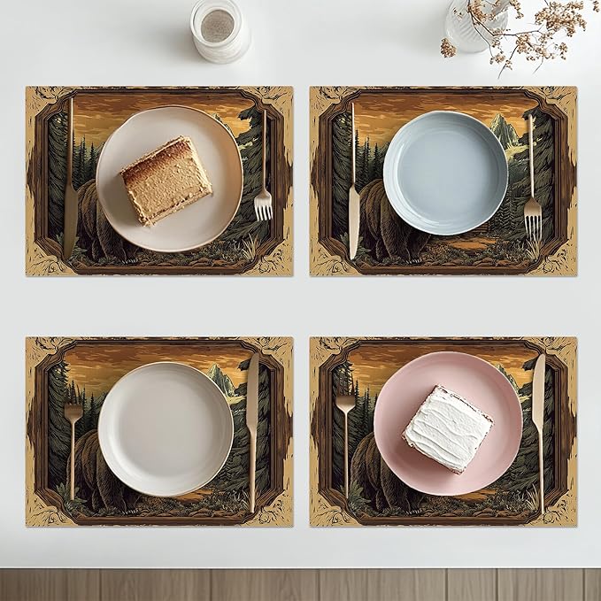 Cabin Bear Placemats Set of 4 Washable Table Mats Rustic Wildlife Hunting Forest Mountain Heat-Resistant Cotton Linen Place Mats for Dining Table Kitchen Indoor Outdoor Party Holiday Decor