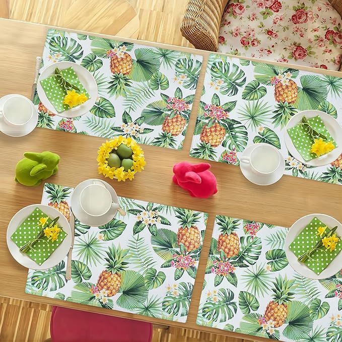 Pineapple Placemats Set of 4 Tropical Palm Leaves Plants Table Mats Washable Place Mats for Home Party Indoor Kitchen Dining Table Decoration 12x18 Inch
