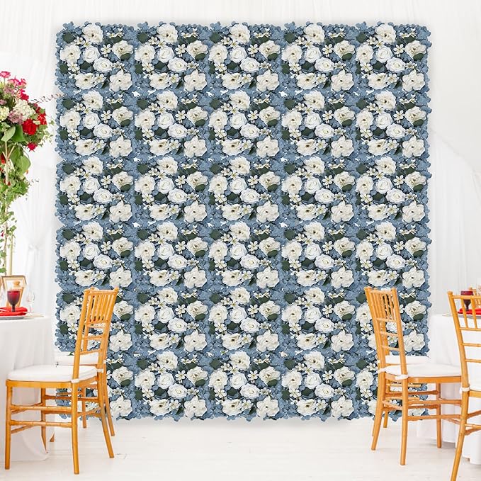 Pack of 12 Artificial Silk Flower Panels, Faux Floral Wall Background for Wedding Party Engagement Bridal Shower Arrangement Home Decorations - Dusty Blue & White