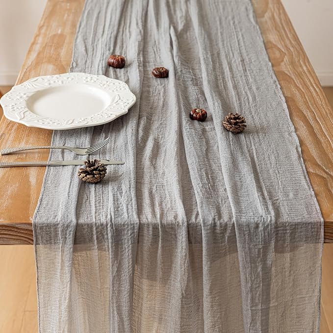6pcs Grey Gauze Rustic Cheesecloth Table Runner 120 Inch 10 FT for Wedding Baby Shower Bridal Shower Birthday Engagement Garden Outdoor Party Long Sheer Boho Decorations