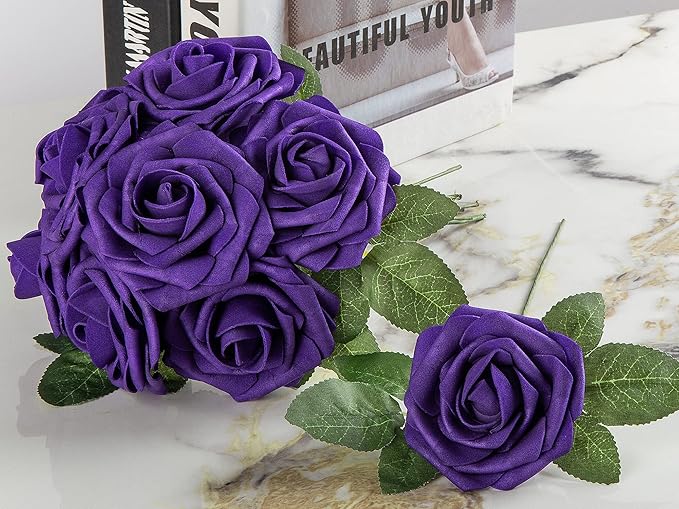 Hot Pink Foam Rose 50pcs Real Looking Fake Purple Rose with Stems Leaves for Home Decoration Party Garden Centerpieces DIY Wedding Bouquets（Hot Pink&Purple）