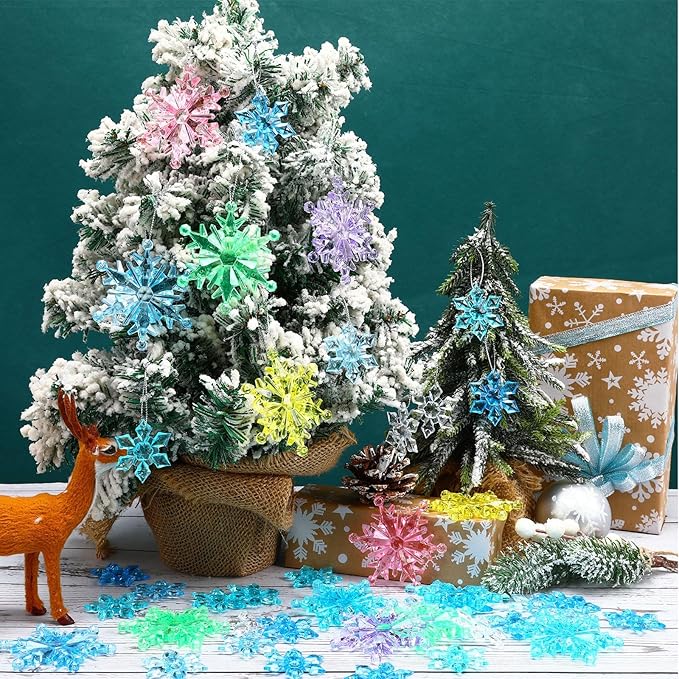 60Pcs Christmas Acrylic Snowflake, Ornaments Winter 3D Translucent Snowflake Hanging Ornaments for Tree Crystal Pendants with Rope for Holiday Party DIY Decor (Multicolor)