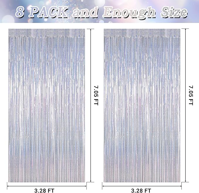 8 Pack New Year Party Decorations 2026 Fringe Backdrop, 3.28 FT x 7.05 FT Glitter Silver Fringe Tinsel, Metallic Foil Curtains Disco Photo Backdrop Foil Streamer Decor Engagement Party Supplies