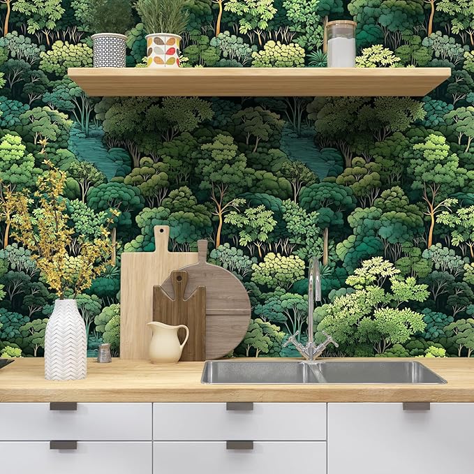 Forest Wallpaper Peel and Stick, Green Trees Contact Paper, Vintage Woodland Mountain Botanical Wall Paper Self Adhesive Waterproof Removable for Room Shelves Cabinet Drawer Table Decor 17.5" x 78.7"