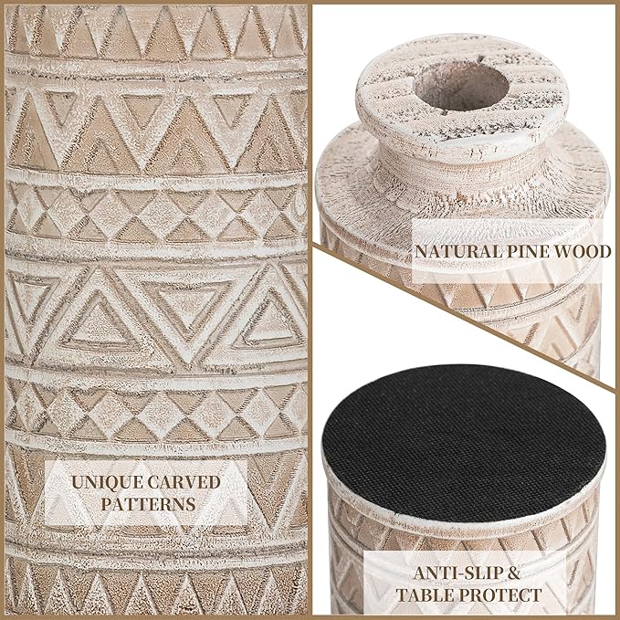 Hanobe Boho Vases Home Decor: Rustic Farmhouse Wood Vase for Living Room Kitchen Dining Table Centerpiece Aesthetic Carved Patterns Fall Decorations Bathroom Bedroom Office Accents