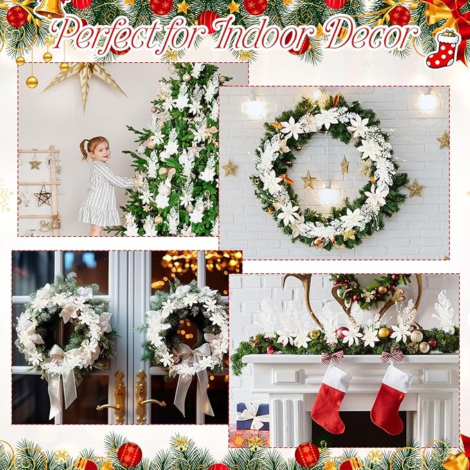 18 Pack 3 Styles 17 Inch Christmas Glitter Poinsettia Berry Stems Ornaments Artificial Floral Branches Picks for Christmas Tree Home Vase Holiday Party Decor(White)